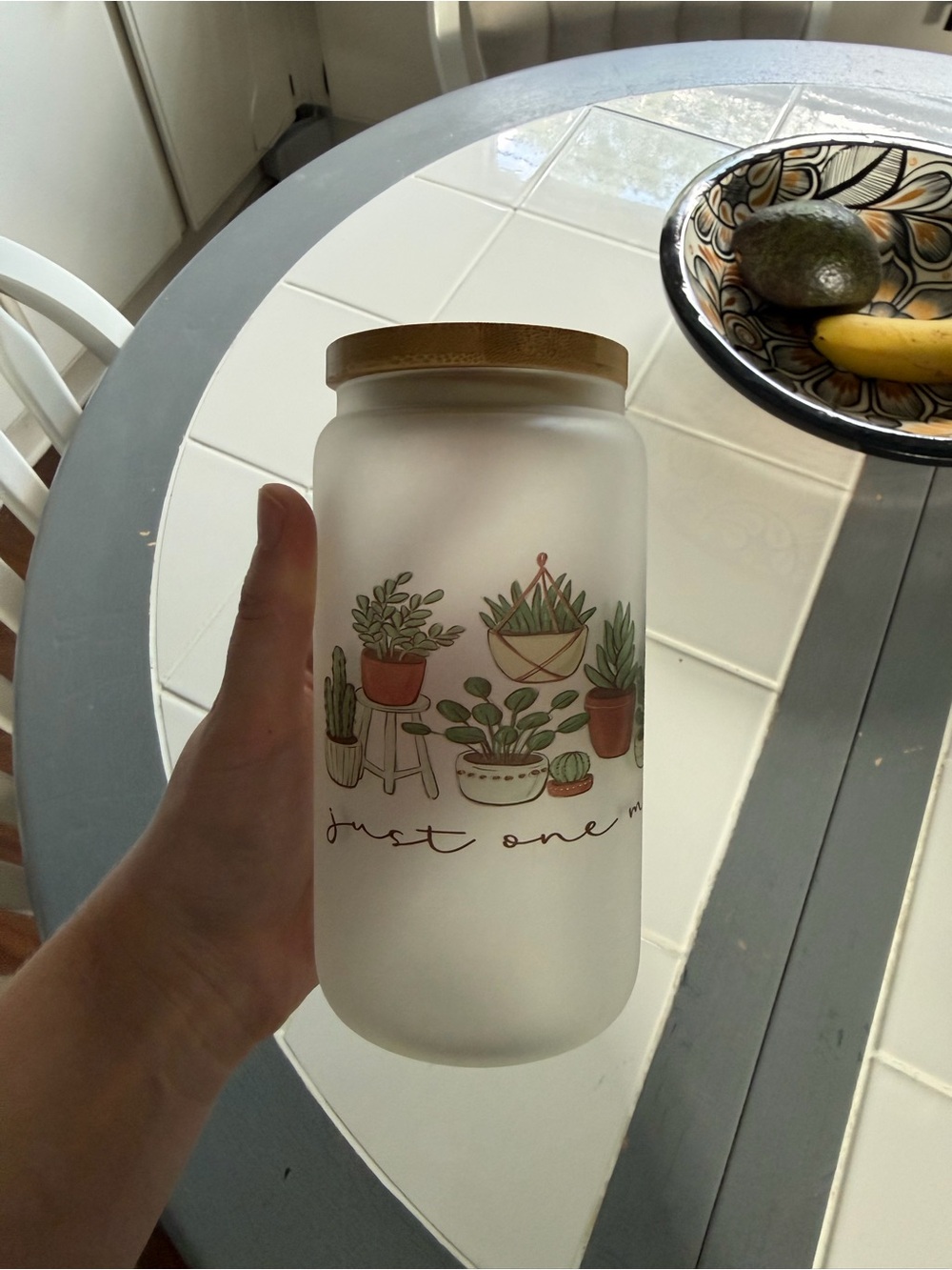 Frosted Glass Plant-Print drinking glass  with Bamboo Lid